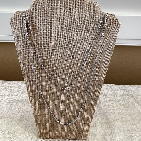Chico's Double Strand Silver Necklace w/Square Beads and Circle Rhinestones EUC! - Picture 1 of 4